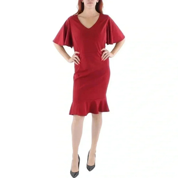 Kasper | Red Wine Fit & Flare Silhouette Ruffle Hem Cocktail Midi Dress Size XXL - Picture 5 of 5